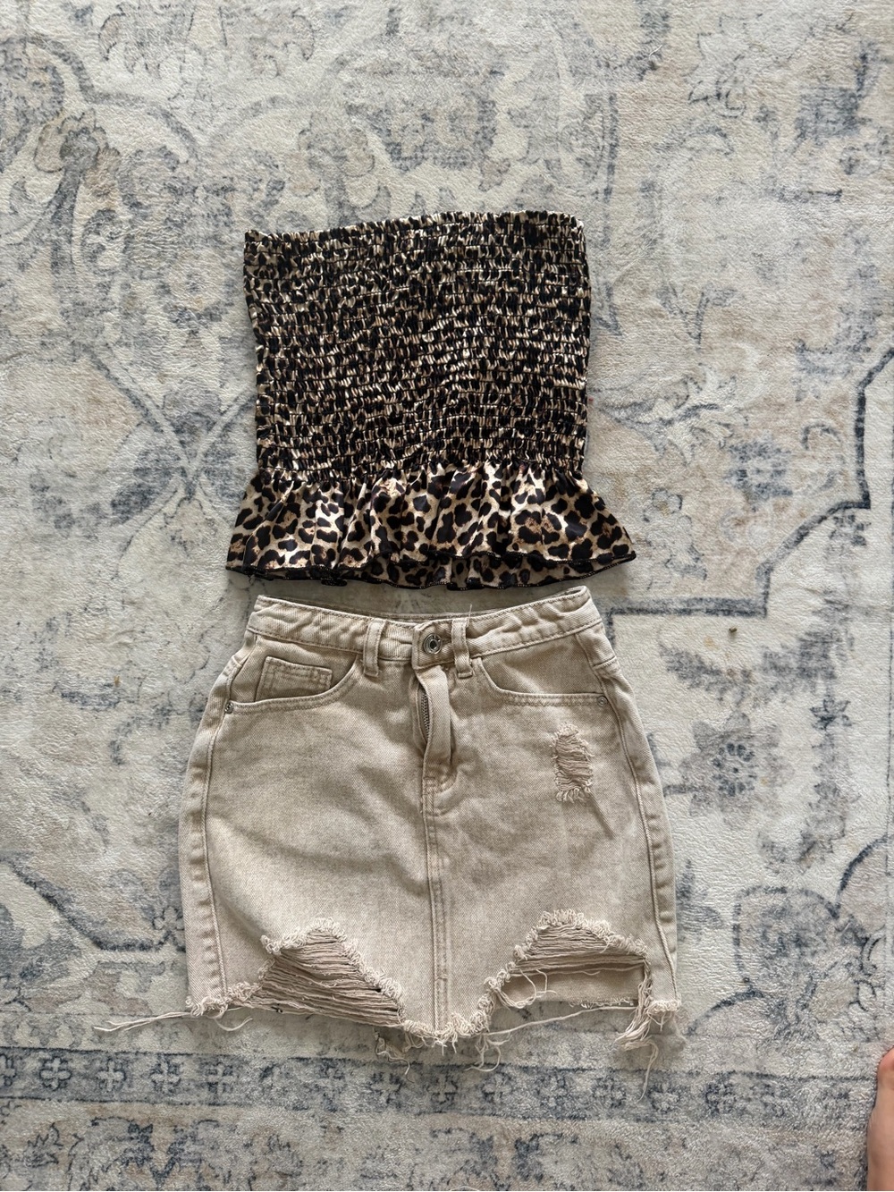 Women’s High-Waist Distressed Denim Skirt - Beige set